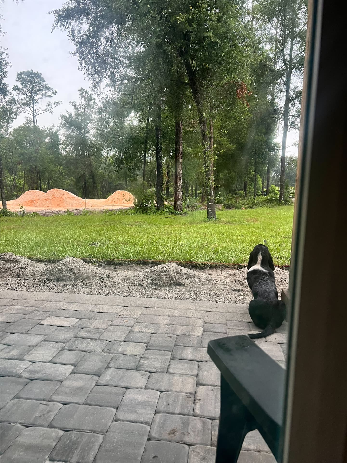 Fill dirt stockpiles staged on a wooded homesite viewed from a paver lanai