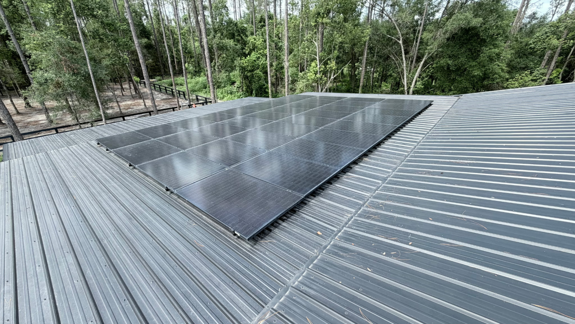 Large solar array on a metal barn roof overlooking a wooded pasture
