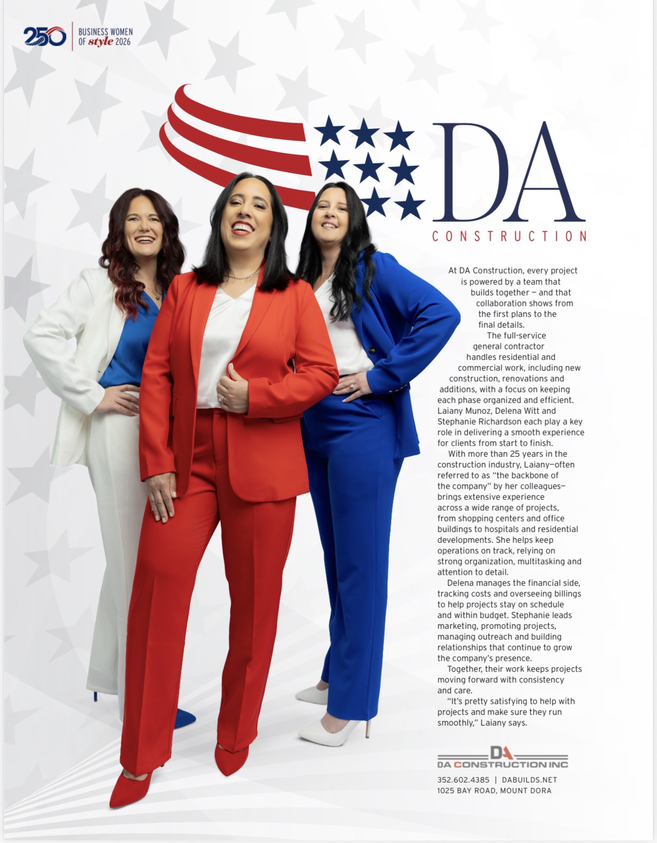 Magazine feature page highlighting the DA Construction team in Business Women of Style 2026