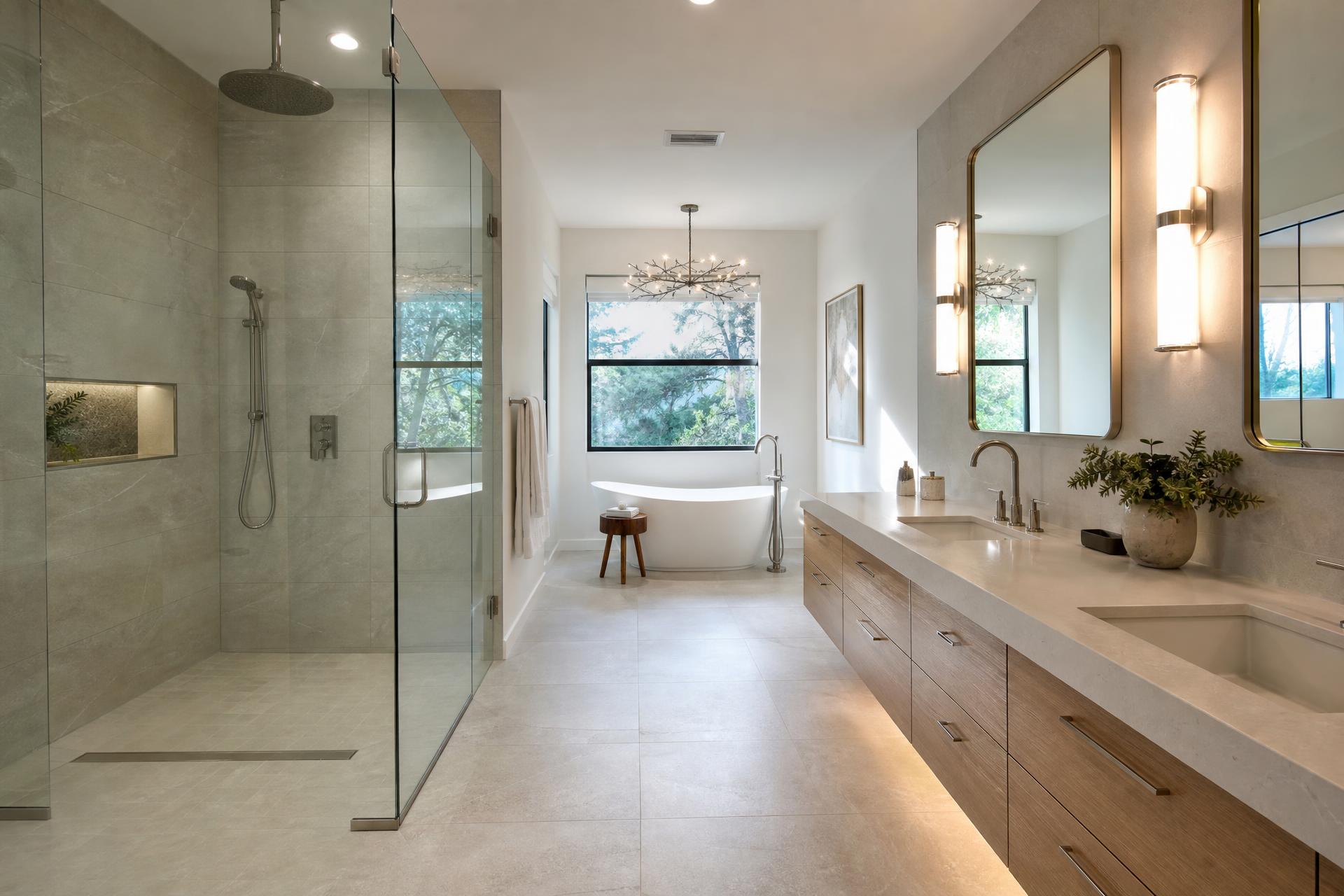Remodeled primary bathroom with stone tile and walk-in shower