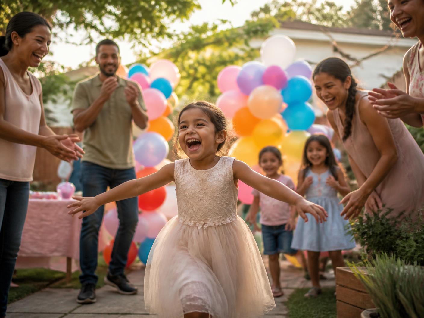 Child celebrating joyfully with family and colorful balloons in a sunlit backyard