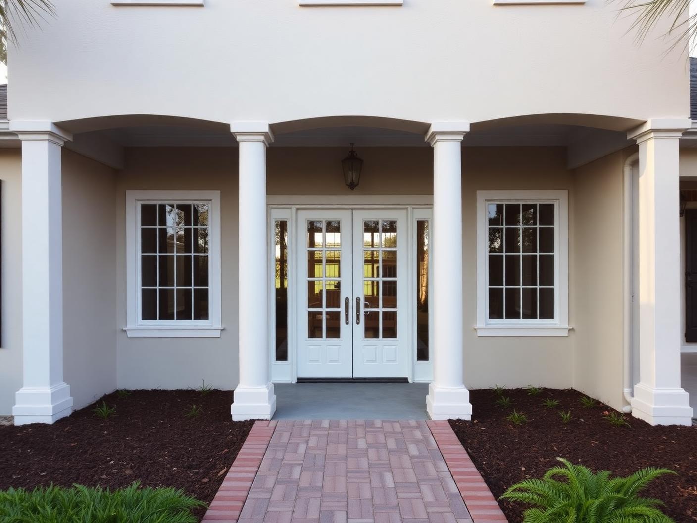 New front entry with double doors and paver walkway