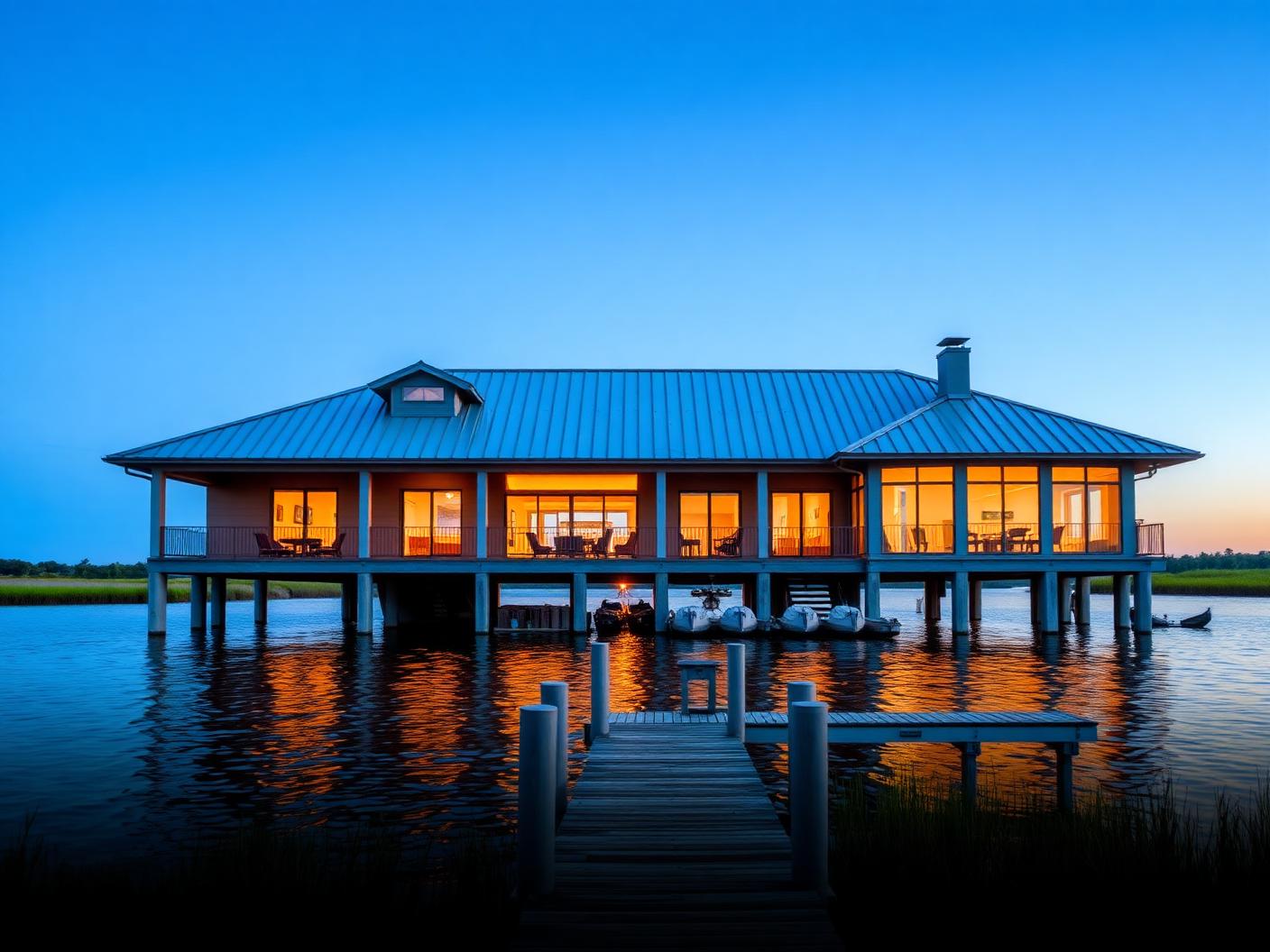 Completed two-story custom home with metal roof at sunset