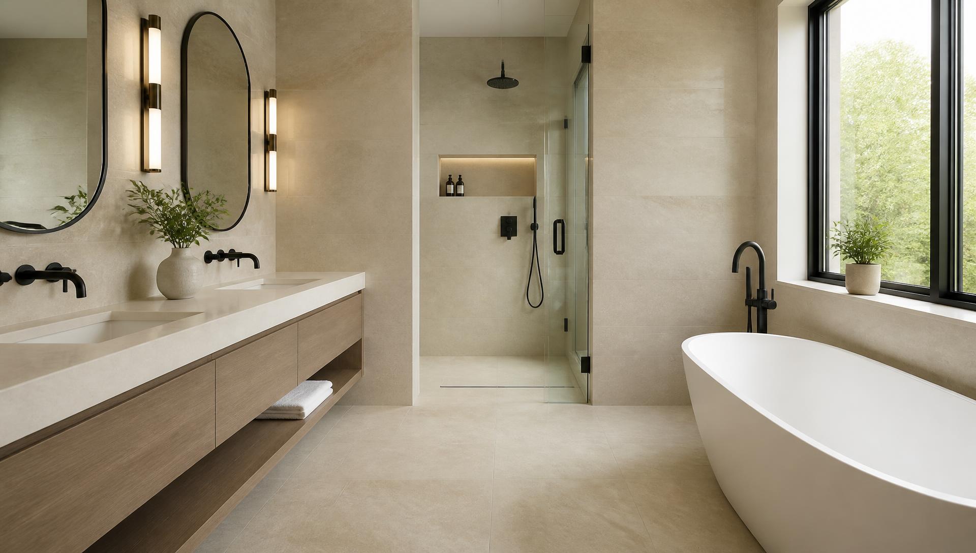 Renovated spa bathroom with walk-in shower and freestanding tub
