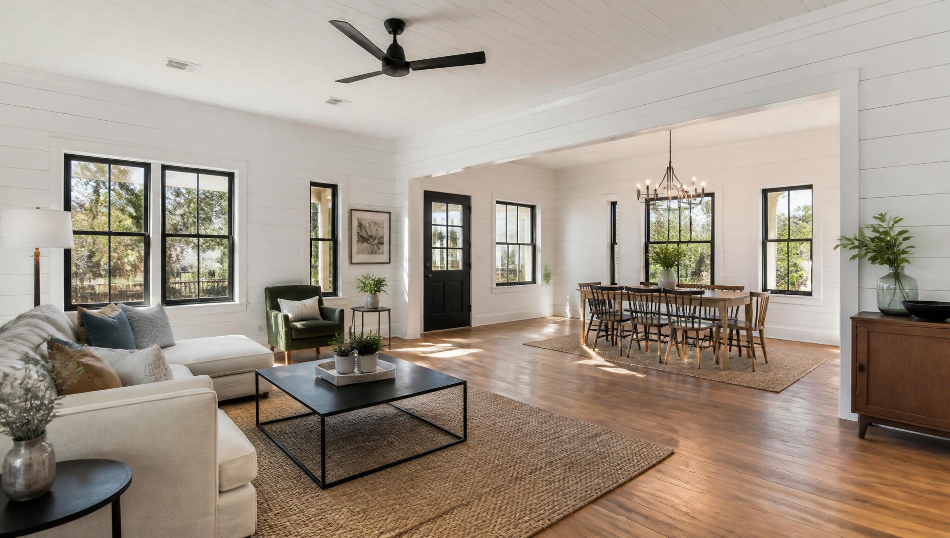 Remodeled open living and dining area in a historic Mount Dora home
