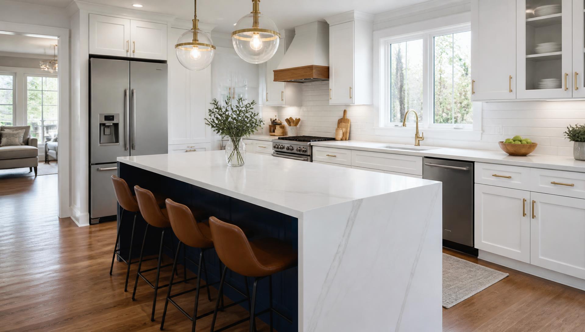Renovated kitchen with navy island and quartz waterfall counter