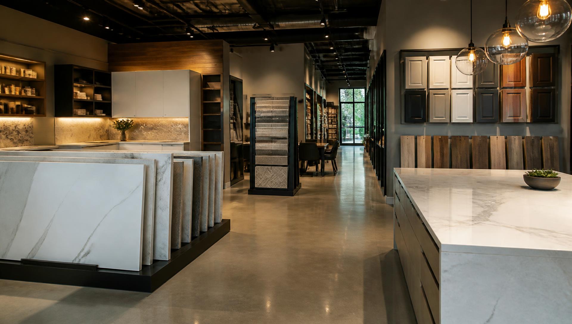 Design showroom with stone slabs, tile and cabinet samples