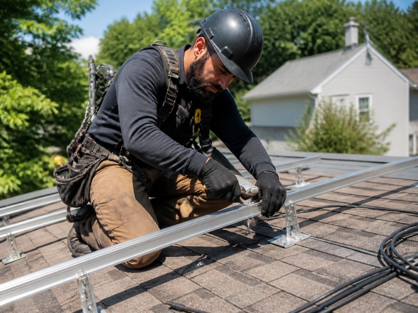 Solar technician in a hard hat and safety harness mounting photovoltaic racking on a residential roof